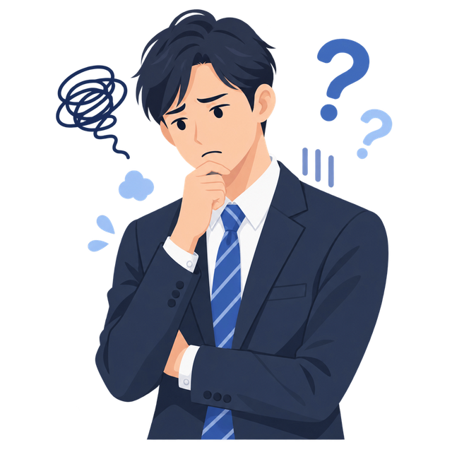 腕を組み、顎に手を当てて考え込む男性のイラスト。頭の周りに疑問符が浮かんでいる。